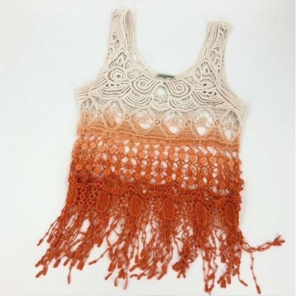 Vintage Crocheted Fringe Two-Tone Knit Top - Size Small - Orange & Cream‎